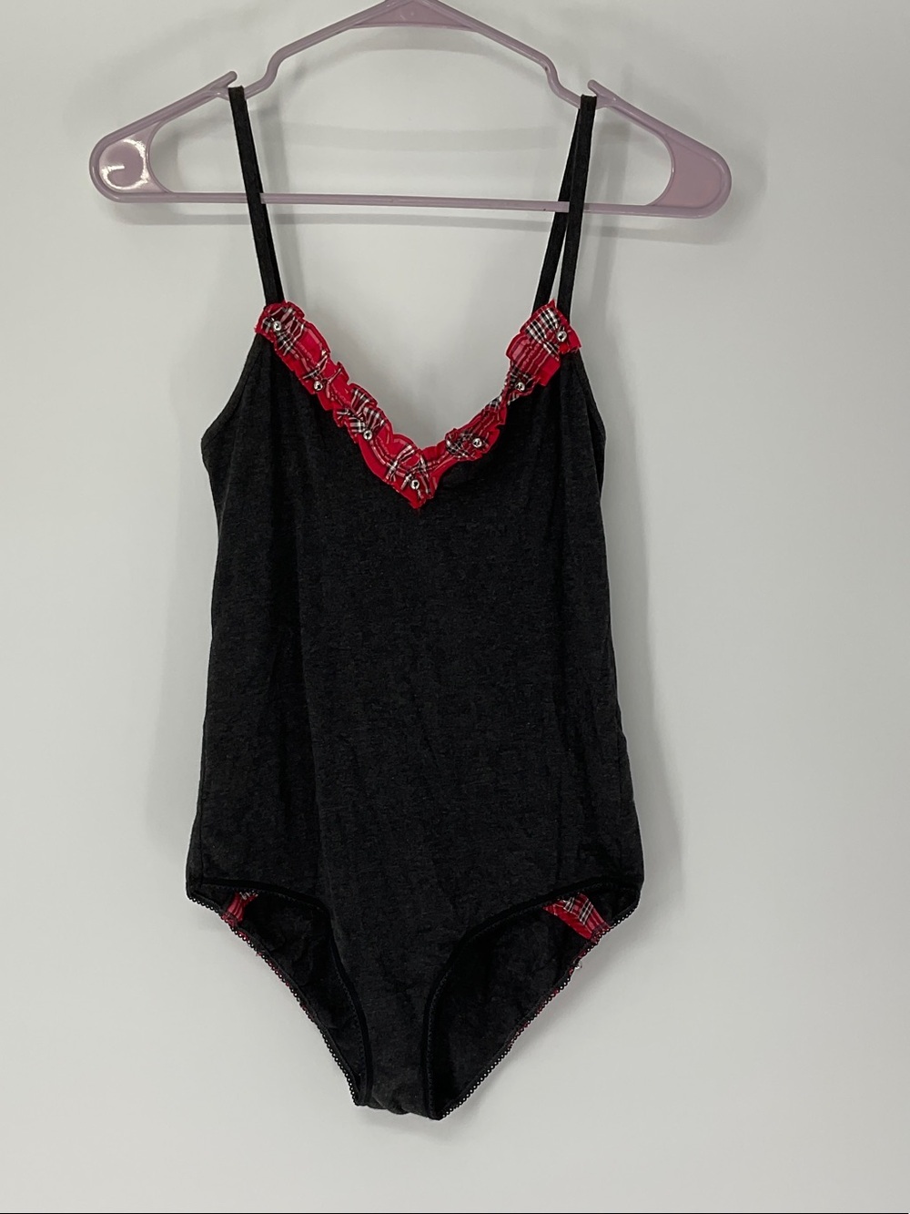 Victoria’s Secret Jingle Bell Teddy Bodysuit S Charcoal Red Plaid Ruffle Holiday